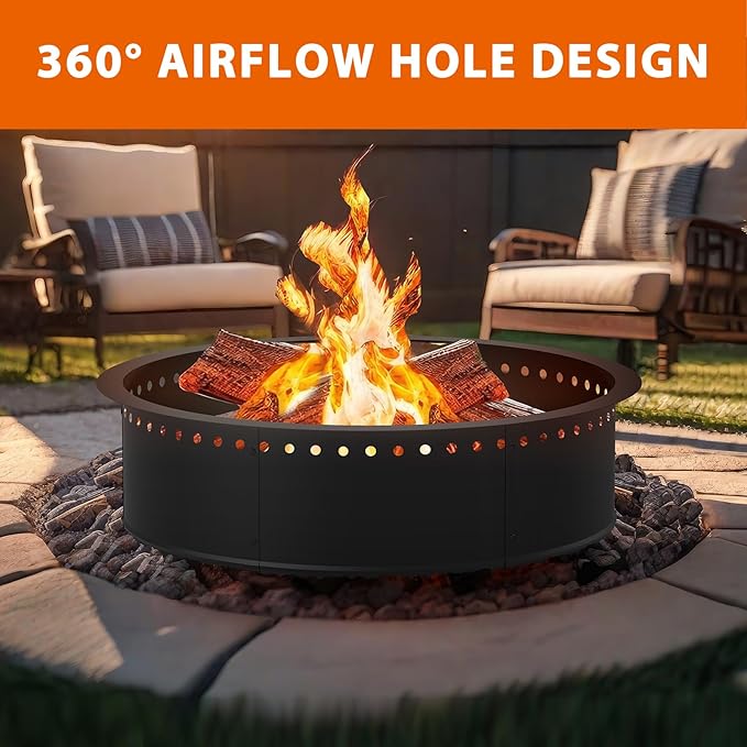 OUSHENG Smokeless Fire Pit Ring Outdoor, 33 Inch Outer 30 Inch Inner Round Wood Burning Firepit Accessories, DIY Metal Steel Liner Insert for Bonfire Outside Camping Above or In Ground