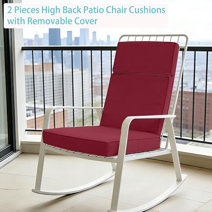 2 Pieces High Back Patio Chair Cushions, Fade Resistant Outdoor Rocking Chair Cushions, Office Chair Back Support Cushion (Burgundy, Seat (21''x21''x3'')+Backrest (21''x28''x3''))