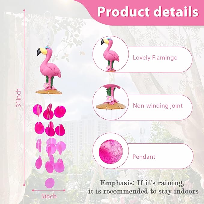 MUMTOP Wind Chimes for Outside, Flamingo Wind Chime, Tropical Pink Capiz Shell Windchimes for Patio, Outdoor,Garden,Yard,Coastal,Window,Home Decor or Gifts for Women
