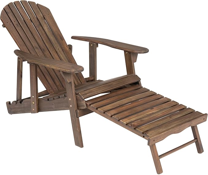 Merax Folding Adjustable Acacia Wood Adirondack Chairs, Water Proof with Retractable Ottoman Outdoor Wooden Lounge Reclining Chair for Garden, Patio, Gray