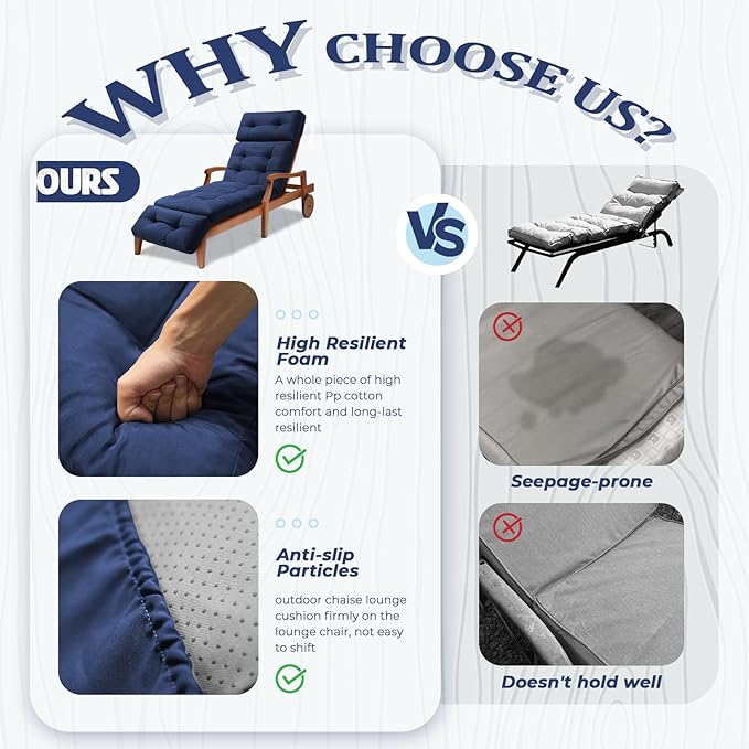 Waterproof Long Lounger Chair Cushion Outdoor Chaise Lounge Chair Cushions with Ties, Patio Recliner Thickened Lounge Chair Cushions for Indoor 74.4 x 22 x 4.7 Inches, Cushion Only (Blue)