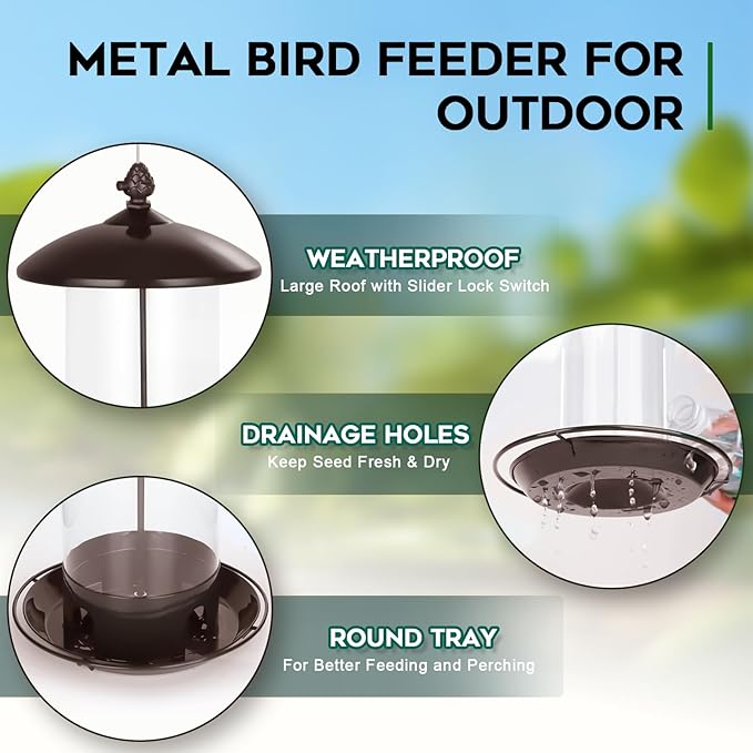 Metal Bird Feeders for Outdoors Hanging, Weather Resistant Wild Bird Feeder with 360 Degree Feeding Tray, Brown
