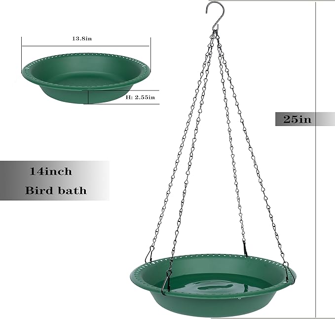 Bird Bath for Outside Heavy Duty, 14 inch BirdBath Bowl Only with 25” Rust-Proof Black Chains for Outdoor, Hanging Bird Bath Hanging Bird-Feeder for Garden Backyard Decor (Green 1 Pack)
