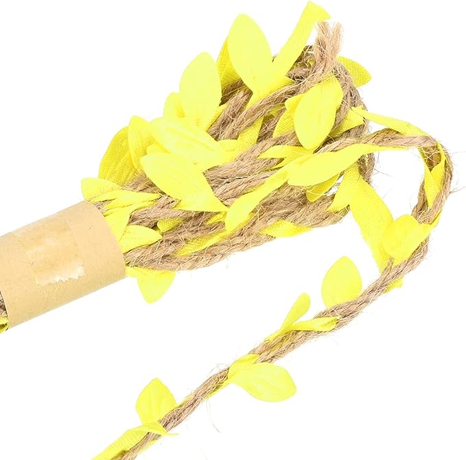 PATIKIL 6.6ft 5mm Burlap Leaf Ribbon, 2 Pack Braided Decoration Vine Natural Jute Rope Twine with Artificial Leaves for Jungle Wedding Party Home Garden Decor, Yellow