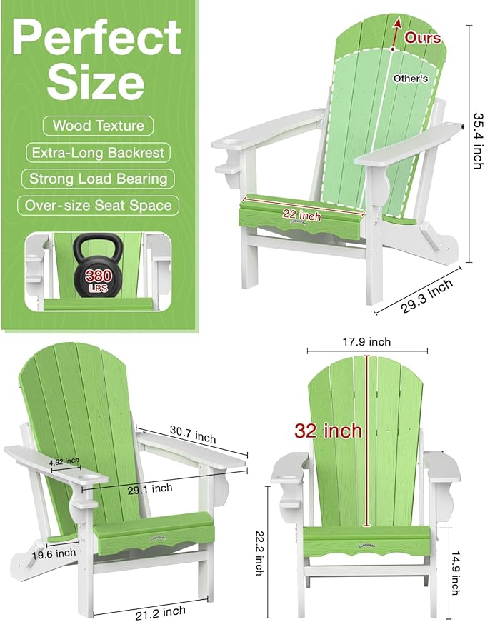 Folding Adirondack Chair –Recyclable HDPE Outdoor Adirondack Patio Chair with Cup Holder, Wood Texture & Umbrella Hole, 25-Year Fade-Free All Weather for Fire Pit, Porch, Poolside, Deck, Lime & White