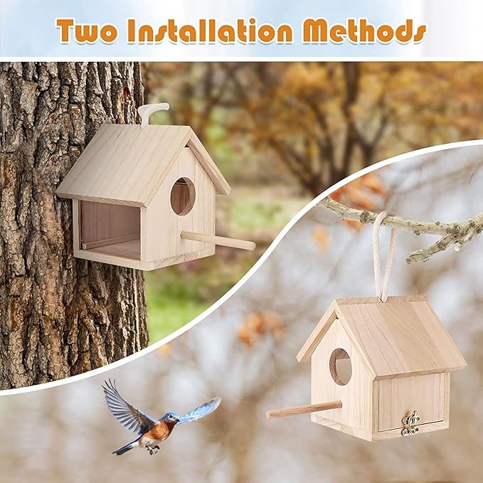 YUEPET 2Pcs Outdoor Bird Houses Transparent Wooden Bird House for Outside with Lanyard and Screws,Hanging Birdhouse Clearance for Finch Bluebird Cardinals Hummingbird