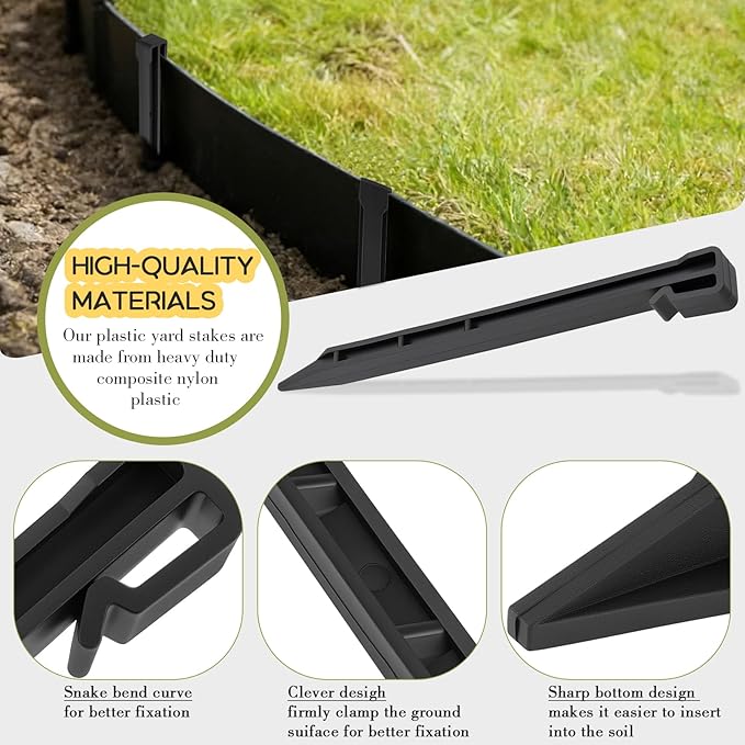 Landscape Edging Garden Stakes, Heavy Duty Plastic Yard Stake, 10 Inch Landscape Stakes for Gardening and Landscaping(50 Pcs, Black)