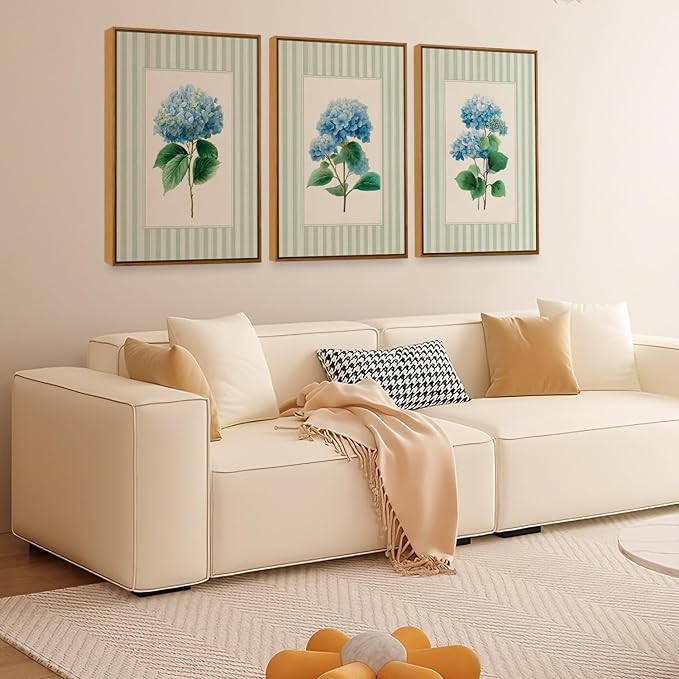 QTUSYUR Striped Blue Hydrangea Wall Art - Large Farmed Minimalist Art Print - Farmhouse Floral Canvas Artwork for Bedroom Living Room- Modern Elegant Flower Wall Pictures for Home Decor 16”×24”×3