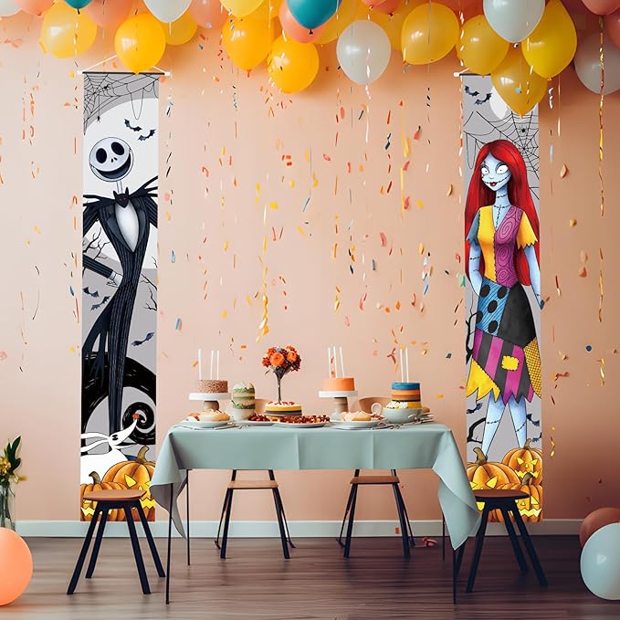 Jack Sally Banners Porch Signs Halloween Decor Christmas Nightmare Hanging Banner Halloween Decorations Outdoor Horror Poster for Indoor Spooky Pumpkin Ghost Door Sign Before Party Banner Wall Art Wallpaper