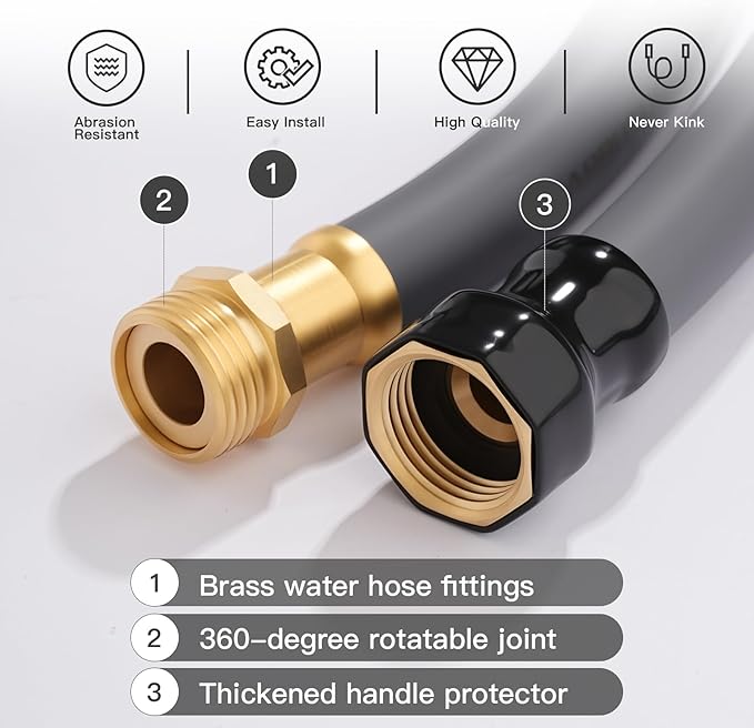 Garden Hose 5/8" x 75ft Brass Rubber Heavy Duty Water Hose 600 PSI Burst Pressure, Durable Flexible Hose for Yard, Car Wash, Pets Gray