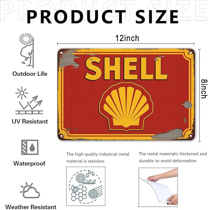 Shell Gas Station tin sign Vintage Fuel and Gasoline Metal Sign Print Aesthetic for Garden Yard Bar Porch Home Bedroom Kitchen Wall Decor Gift 8 x 12 in