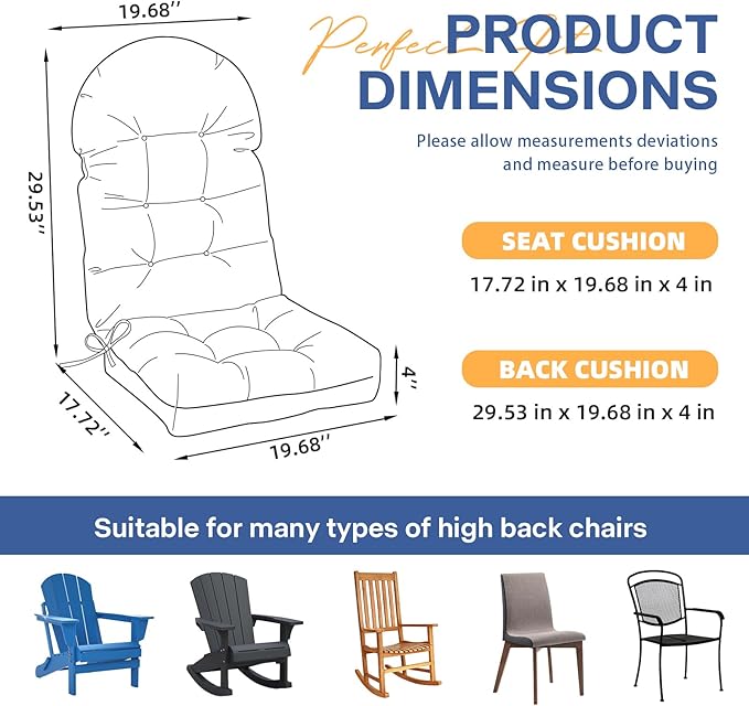 Outdoor Adirondack Chair Cushion Set of 2 Waterproof Rocking Chair Pads 47.24 * 19.69 * 4", High Back Patio Cushions of Upper and Lower with Ties Elastic Band,Gark Green