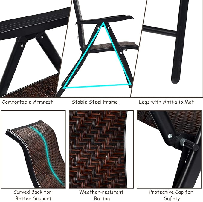Tangkula 2 Piece Patio Rattan Folding Reclining Chair, Outdoor Wicker Portable Camping Chair with Widened Armrest, Foldable Chair with Adjustable High Backrest for Garden Balcony Outdoor & Indoor (2)