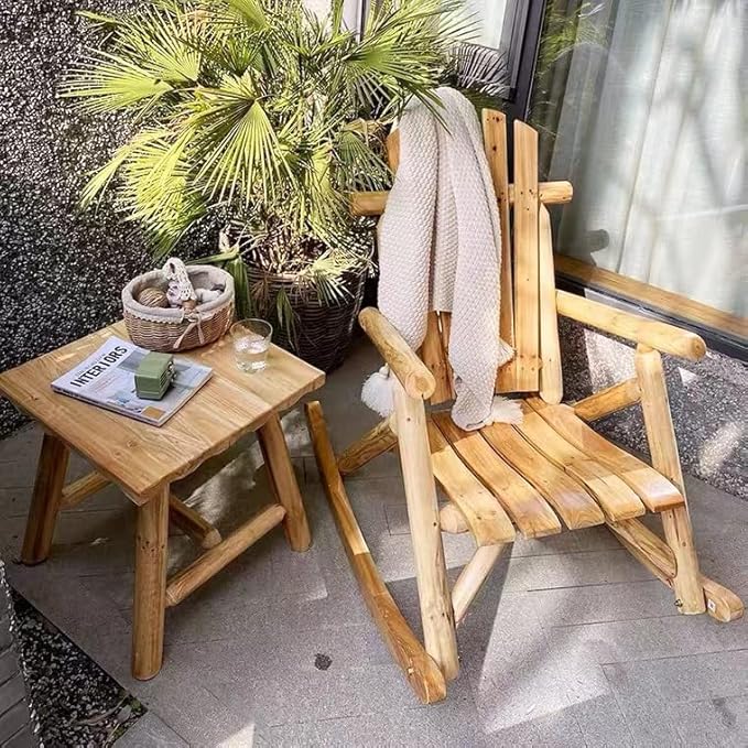 DJL Wooden Rocking Chair Log Outdoor Rocker Outside Patio Lawn Furniture Living Room Porch Comfy Beach Balcony, Heavy Duty, Lightly Toasted
