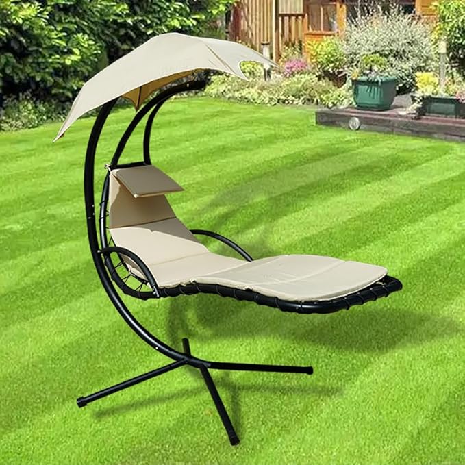 Outdoor Hanging Lounge Chair Cushion with Umbrella – High-Resilience Sponge, Side Pocket, Fade-Resistant, Patio Curved Chaise Hammock Swing Lounger Cushion Pad（Khaki）