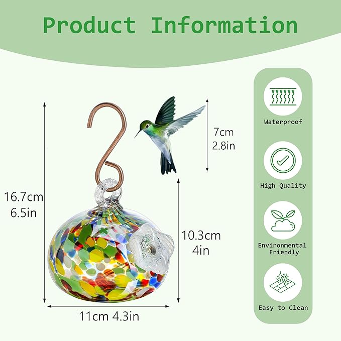 Blown Glass Hummingbird Feeder for Outdoors Hanging Ornaments with Hook Unique Humming Bird Feeder for Home Window Garden Decoration