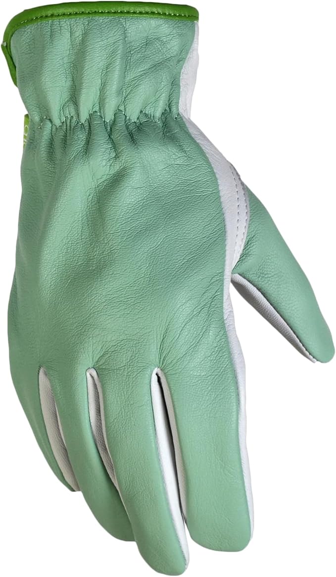 DIGZ 78221-26 Full Goatskin Leather Palm Gardening Gloves, Work Gloves with Safety Cuff, Light Green, Medium