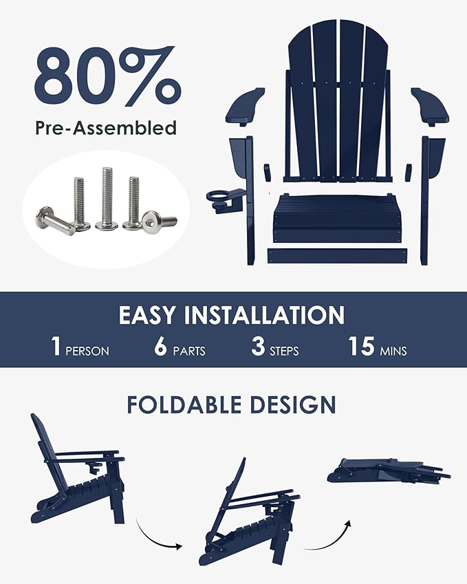 Folding Adirondack Chairs Set of 4, All-Weather Resistant HDPE Patio Firepit Chairs, Sturdy Outside Chairs with Cup Holder, Lawn Chairs, 80% Pre-Installed Load Capacity 385lb, Navy Blue