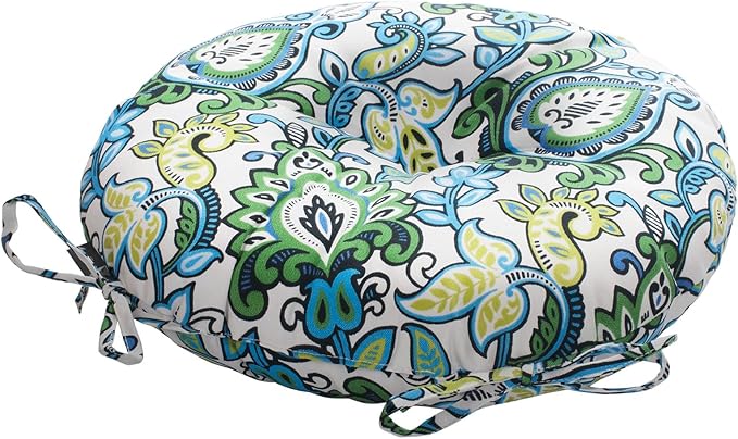 Magpie Fabrics Outdoor Round Bistro Seat Cushions with Ties, 15"x15"x4" Set of 2, Tufted Waterproof Barstool Chair Pads for Patio Home Garden Office, Floral Blue Green
