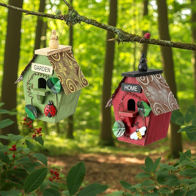 2 Pcs Decorative Birdhouse for Yard Outside Hanging Wooden Birdhouse Hand Painted Bird Box for Bird Lovers Bluebird Tree Swallow Wild Chickadee Garden Decor(Red,Green,Iron Roof)