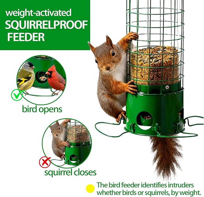 Squirrel-Proof Outdoor Bird Feeder Weight-Activated Squirrel-Proof Bird Feeder 33.5 inches Tall Wide-Mouth Design Green (Green)