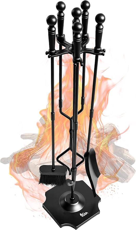 VODA Large 5 Pcs Fireplace Tools Set Black Fire Place Tools Indoor Outdoor Fire Place Poker Set with Stand, Including Fireplace Poker,Fireplace Tongs,Fireplace Shovel,Fireplace Brush and Sturdy Base