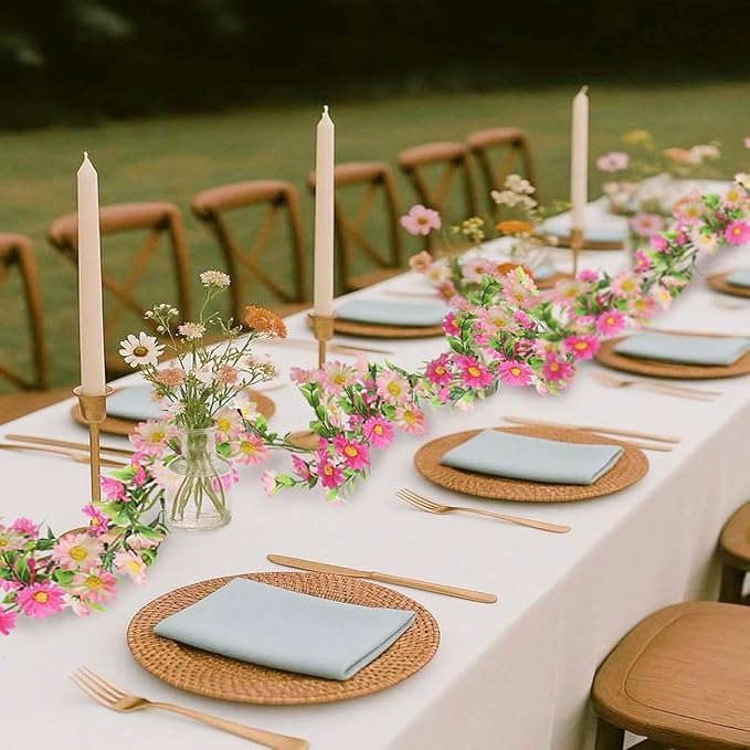 6.5ft Silk Flower Garland Pink Wildflower & Artificial Daisy Vine with 88 Blooms – Realistic Spring Floral Hanging Vines for Wedding Arch, Baby Shower, Party Backdrop, and Home Wall Decor