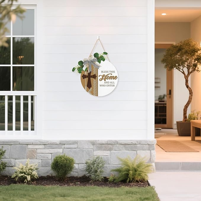 CHDITB Boho Bless This Home Front Door Sign Wreath(12"x12"), Wooden 3D Welcome Decoration Wall Hanging with Eucalyptus Leaves Plaid Bow, Rustic Religious Christian Cross Decor for Front Porch Outdoor