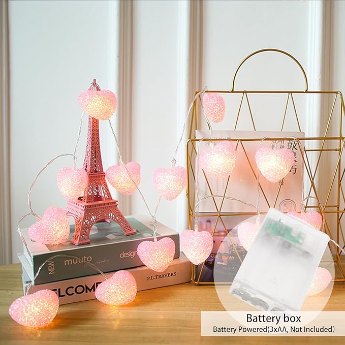 Valentines Heart Decoration Lights, 9.8 Ft Valentine String Lights Battery Operated 20 LED Pink Shining Love Shape Lights , Valentines Heart Light for Indoor Outdoor Wedding Bedroom Valentine Decor