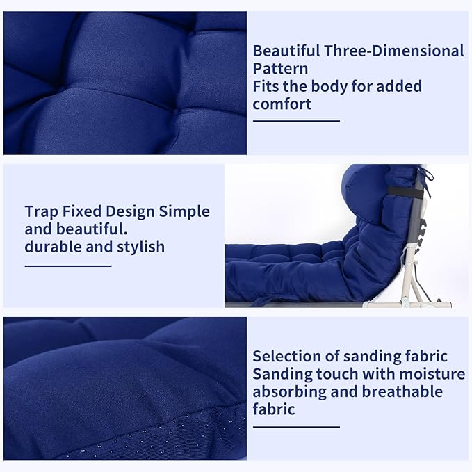 Tudomro 2 Pcs Blue 66'' Outdoor Chaise Lounge Cushion Waterproof Patio Lawn Pool Chaise Lounge Cushion with Headrest Pillow & Ties Weather Fade Resistant Replacement Longue Chair Pad