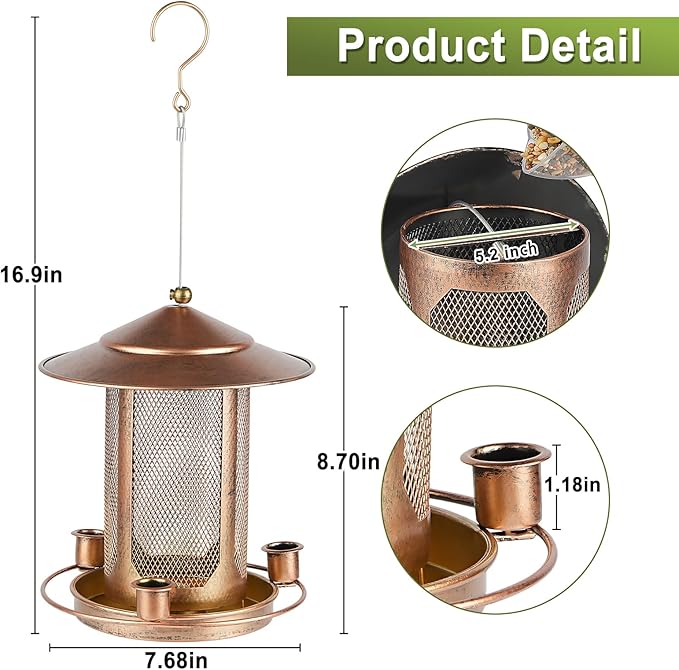 Bird Feeder, Heavy Duty Bird Feeders for Outdoors, Metal Iron Mesh Squirrel Proof with 3 Extra Feeding Ports,4LB Large Capacity Wild Birdfeeder for Outside Hanging Garden Yard Backyard