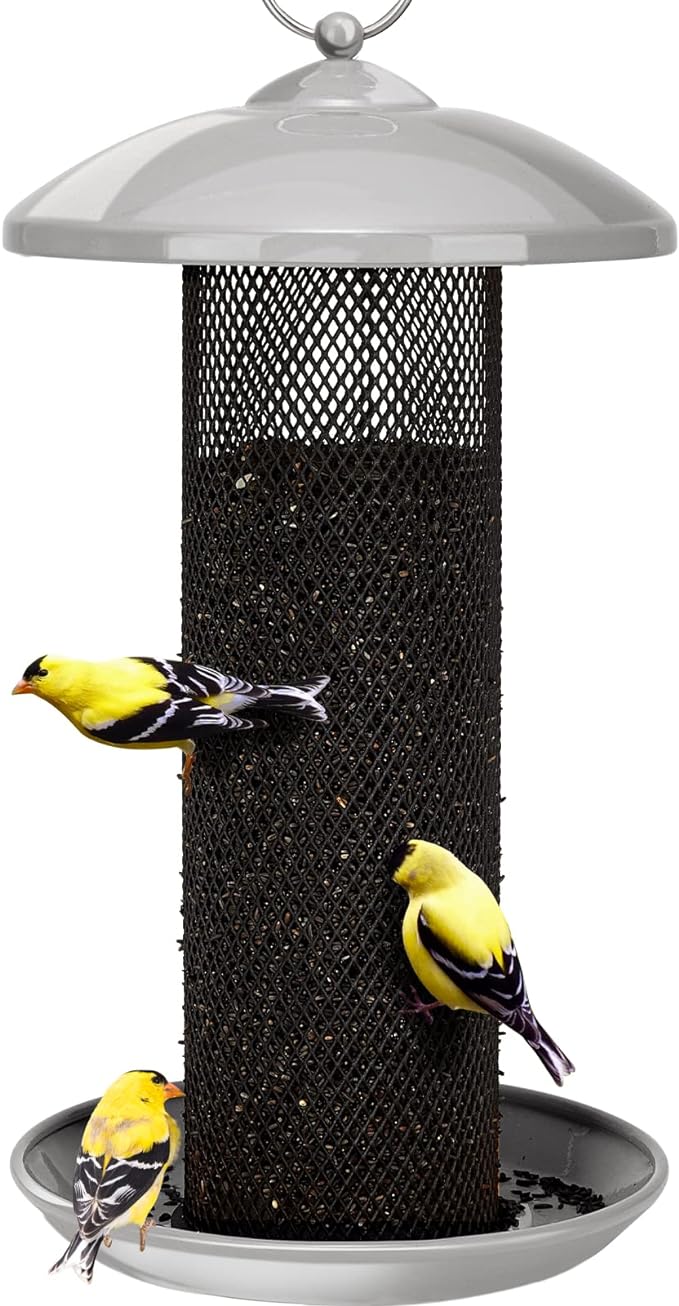 Kingsyard Finch Feeders for Outdoors Hanging, Metal Mesh Tube Bird Feeder for Nyjer/Thistle Seed, 2.5 lbs Large Capacity (Grey)