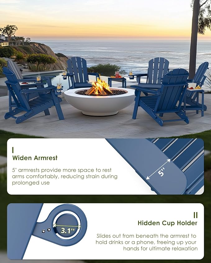 GREENVINES Folding-Adirondack-Chair | HDPE Plastic | Fire Pit Chairs | All Weather | Cup Holder | Blue | for Deck Backyard Patio Outdoor Garden