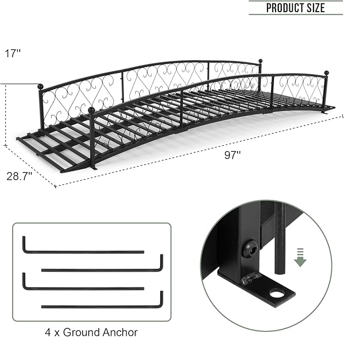 8 FT Metal Garden Bridge - Arc Footbridge with Siderails Extra Long Metal Bridges for Outdoor, Patio, Creek, Stream, Pond, Black