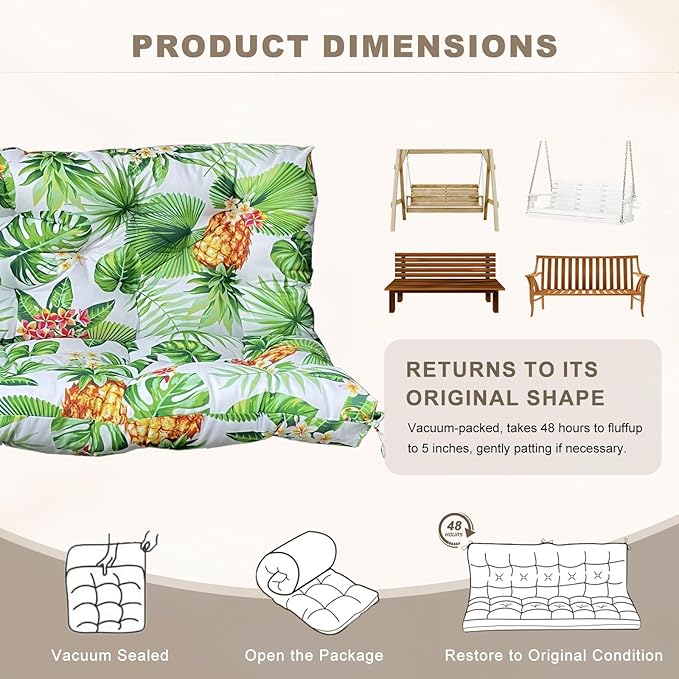 Porch Swing Cushion with Backrest,Waterproof Bench Cushion for Outdoor Furniture,2-3 Seater Replacement Thickened Swing Cushion with Ties,Patio,Outdoor,Backyard and Garden (Tropical Pineapple,40x40")