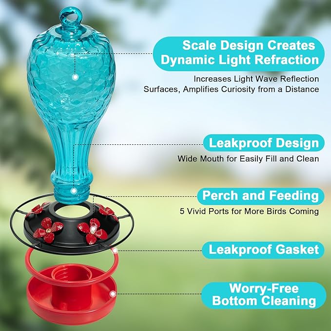 20 OZ Glass Hummingbird Feeders for Outdoors Hanging - Hand-Blown Vibrant Blue Reflective Fish-Scale Design - Attracts More Hummingbirds - Leak-Proof Silicone Seal & Ant Moat - Gift for Mom