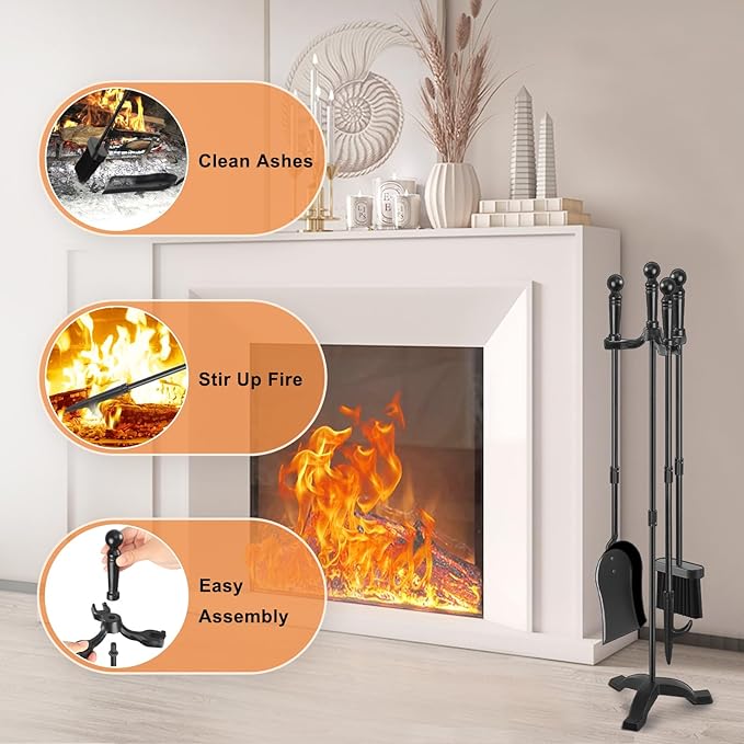 Gtongoko Fireplace Tools Set 4 Pcs 30 Inch Black Wrought Iron Large Fire Tool Set for Outdoor/Indoor Include Chimney Poker, Antique Shovel, Rustic Brush and Stand Accessories Set