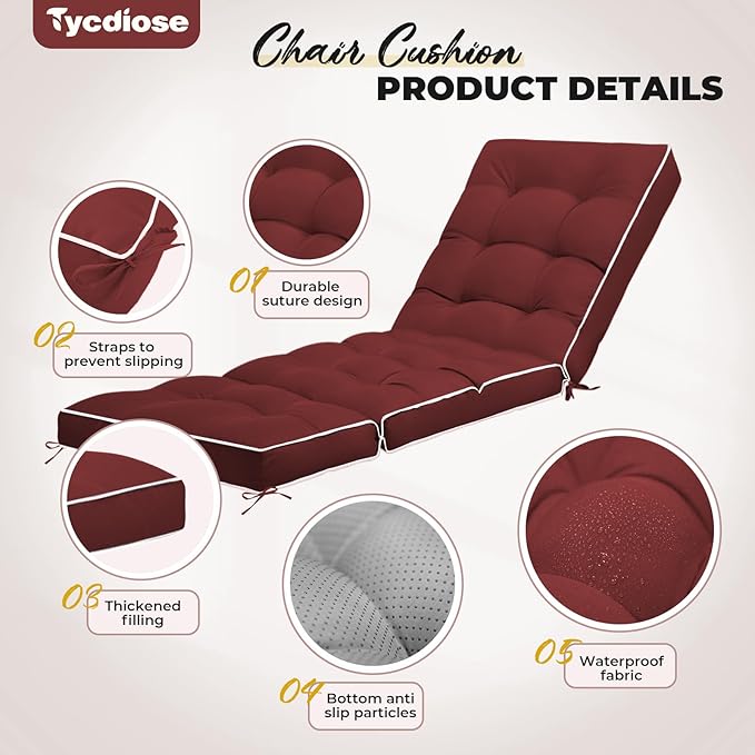 Outdoor Chaise Lounge Chair Cushion, Waterproof Non-Slip Patio Chaise Lounge Cushions for Outdoor Furniture, Thickened Patio Pool Lounger Chair Cushion, 76.4 x 22.8 x 4.7 Inches, Red