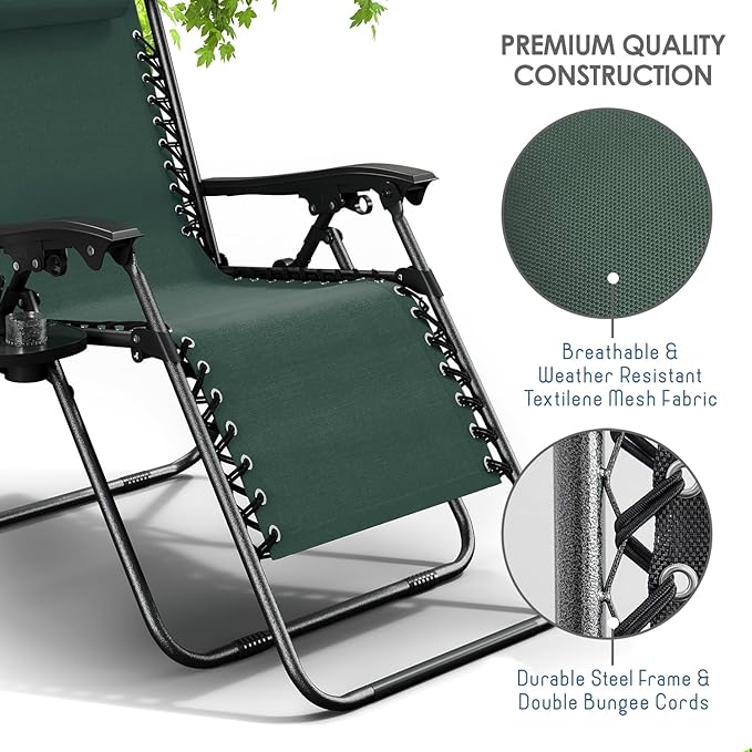 Nestl Zero Gravity Chairs Set of 6, Patio Lounge Chair Outdoor with Pillows & Cup Holder Trays, Adjustable Steel Mesh Reclining Camping Chair, Folding Patio Lawn Chair for Deck, Beach - Forest Green