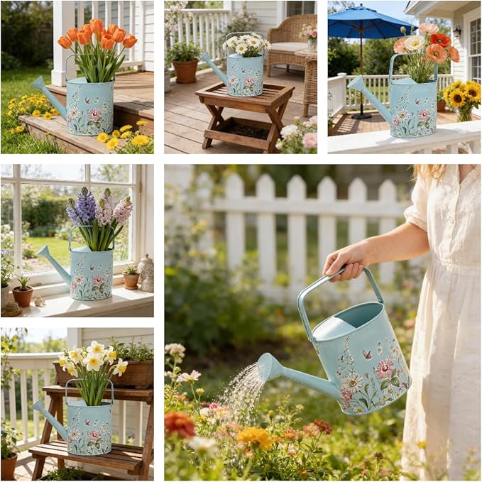 Vintage Floral Metal Watering Can for Indoor/Outdoor Plants, Blue Functional Garden Waterer with Long Spout, Garden Water Pot Rustic Decor for Home Garden Patio