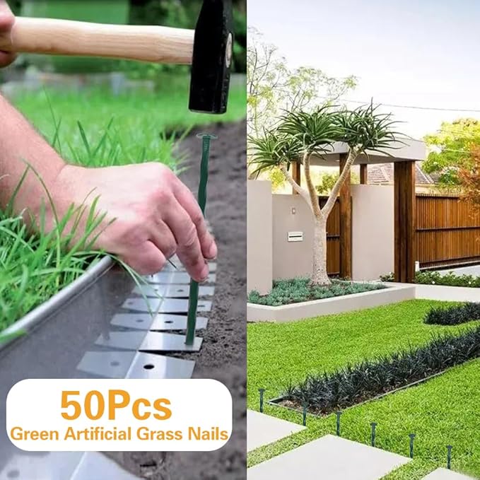 Bakulyor 50 Pack Metal Landscape Stakes, 8 Inch Artificial Grass Nails, 6 Gauge Large Landscaping Staples, Green Edging Anchor Stake for Garden Ground Lawn Paver Timber Border Weed Barrier Spikes 8"
