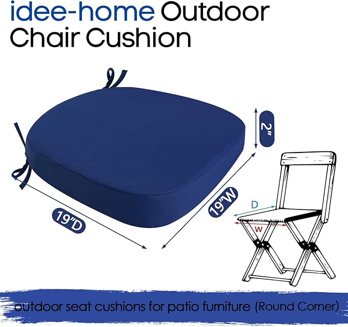 idee-home Outdoor Chair Cushions Set of 2, 19" x 19" x 2" Thick D-Shaped Patio Furniture Outdoor Seat Cushions Waterproof with Ties, Dining Pads
