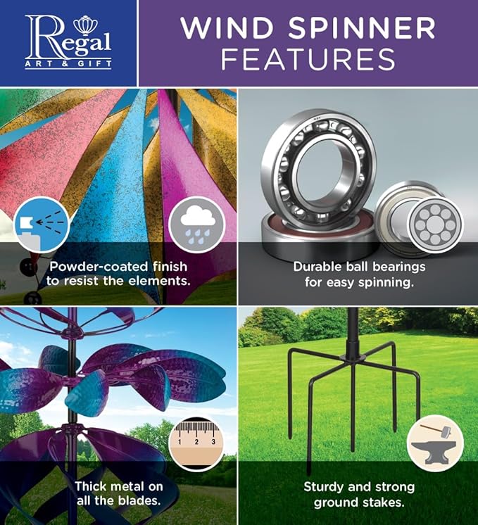 Regal Art & Gift Rainbow Wind Spinner – Metal Yard Decorations Outdoor | Kinetic Garden Spinner for Lawn, Pathway, or Flower Bed | Weather-Resistant Outdoor Sculpture - 77 Inch