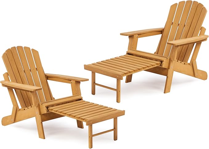 SoliWood Set of 2 Oversized Outdoor Wooden Folding Adirondack Chair with Retractable Ottoman, Wood Patio Chair with Footrest for Garden Backyard Porch Pool Deck Firepit