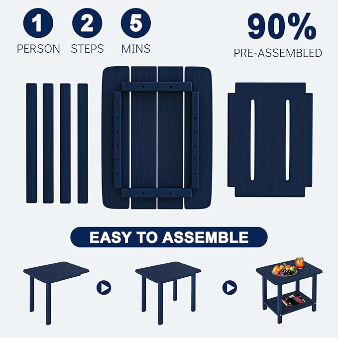 Folding Adirondack Chair Set 3-Piece - 38" Extra Tall Back & Embossed Wood Grain, Oversized HDPE Patio Furniture with Side Table & Cup Holders, 380lb Heavy Duty, Navy Blue