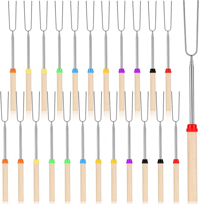 24 Pack 32 Inch Stainless Steel Extendable Marshmallow Roasting Sticks Smores Sticks Skewers for Fire Pit, Hot Dog Camping Forks, Fire Pit Accessories