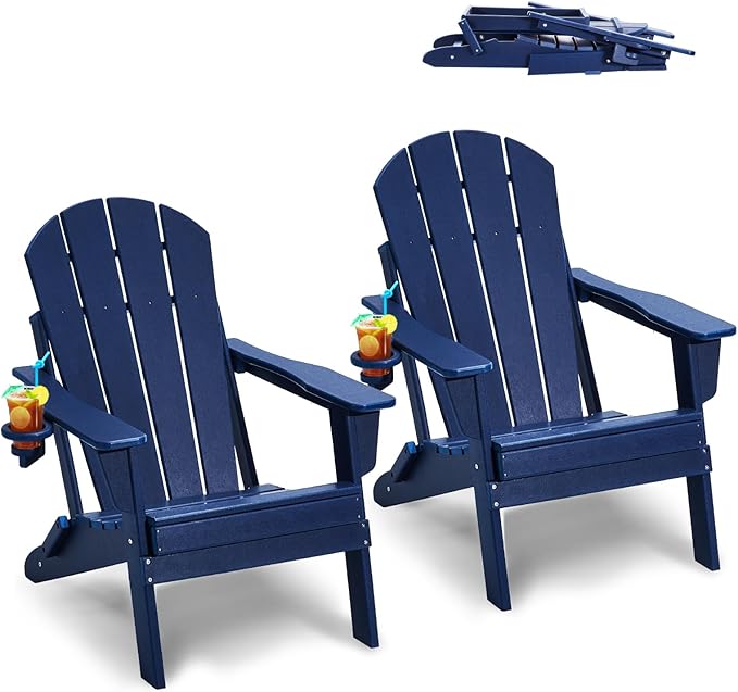 VEVOR Folding Adirondack Chairs Set of 2 with Cup Holder, All-Weather Portable Plastic Fire Pit Chair, Outdoor Adirondack Patio Chair, with Relaxing Arm Rest Ergonomic, for Garden, Backyard, Navy Blue