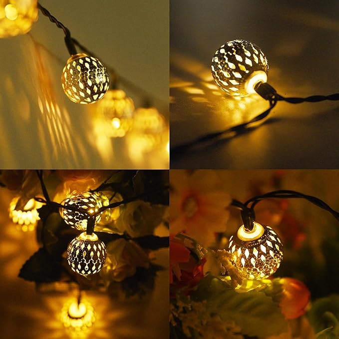 Solar String Lights Outdoor 60LED Moroccan Fairy Lights with 8 Modes Solar Garden Lights Outdoor Waterproof Globe String Lights for Garden Patio Wedding Diwali Christmas Decor, Warm White