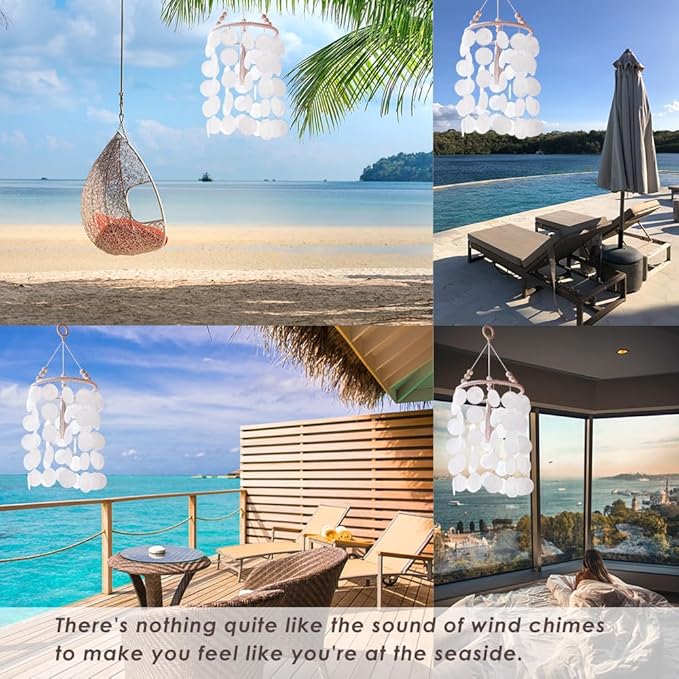 Capiz Shell Wind Chime for Outside, Sea Glass Wind Chimes, Seashell Windchimes Ourdoors, Unique Outdoor Boho Decor for Patio Garden Balcony Porch, 8.3" W X 23.6" H, Remmdan