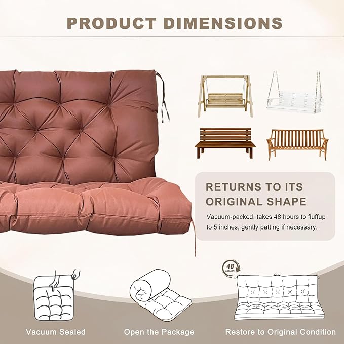 Porch Swing Cushion with Backrest,Waterproof Bench Cushion for Outdoor Furniture,2-3 Seater Replacement Thickened Swing Cushion with Ties,Patio,Outdoor,Backyard and Garden (Coffee,60x40)